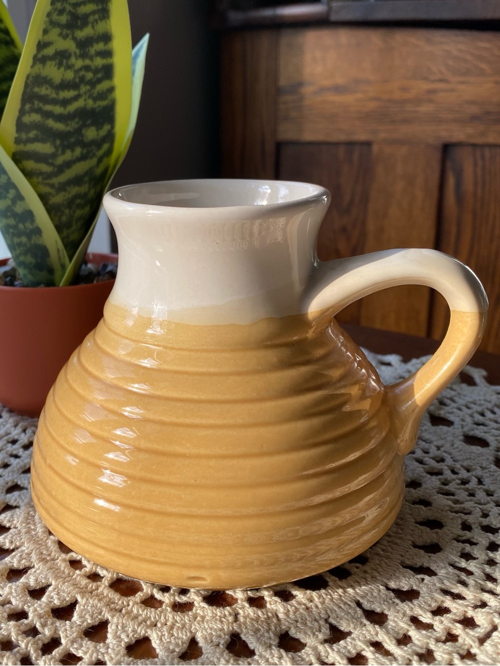Vintage Two-Tone Ceramic Travel Mug- Cream and Mustard Yellow EUC
